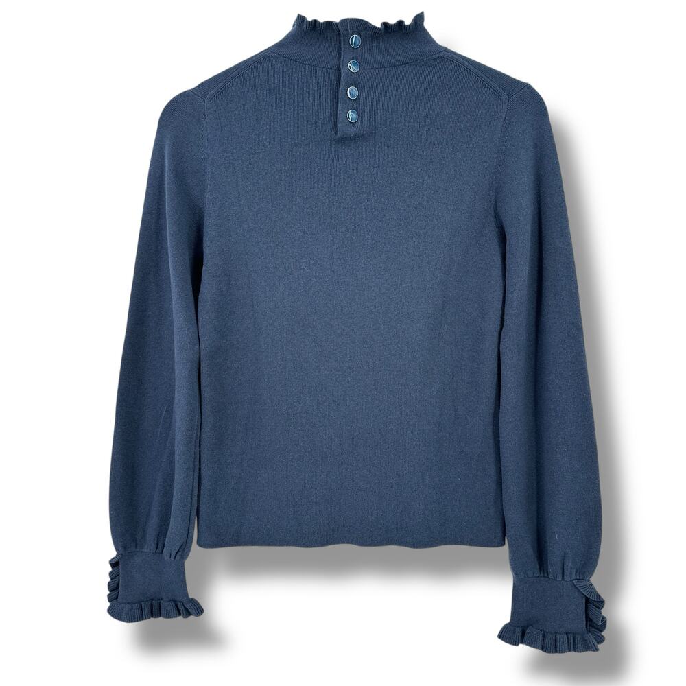 Margaret O'Leary Leila Button Cuff Ruffled Mock Neck Sweater Sz S Slate Blue - Picture 4 of 8